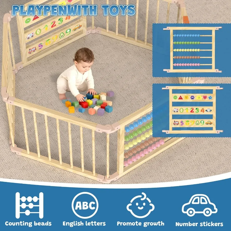 Foldable Wooden Baby Playpen with Gate, Wood Play Yard with Educational Abacus, Alphabet Board & Child Proof Lock, 57×30×23 inch