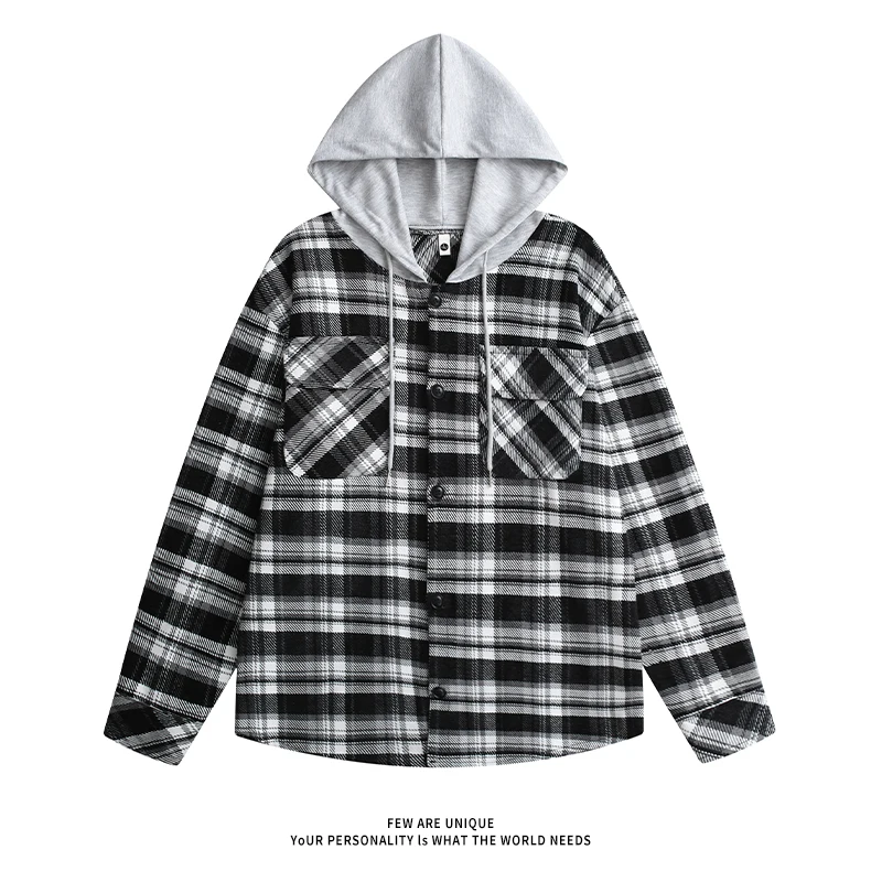Men's Hooded Shirt Jacket Long Sleeve Single Breasted Plaid Jacket New Autumn Casual Loose Cardigan with Pockets