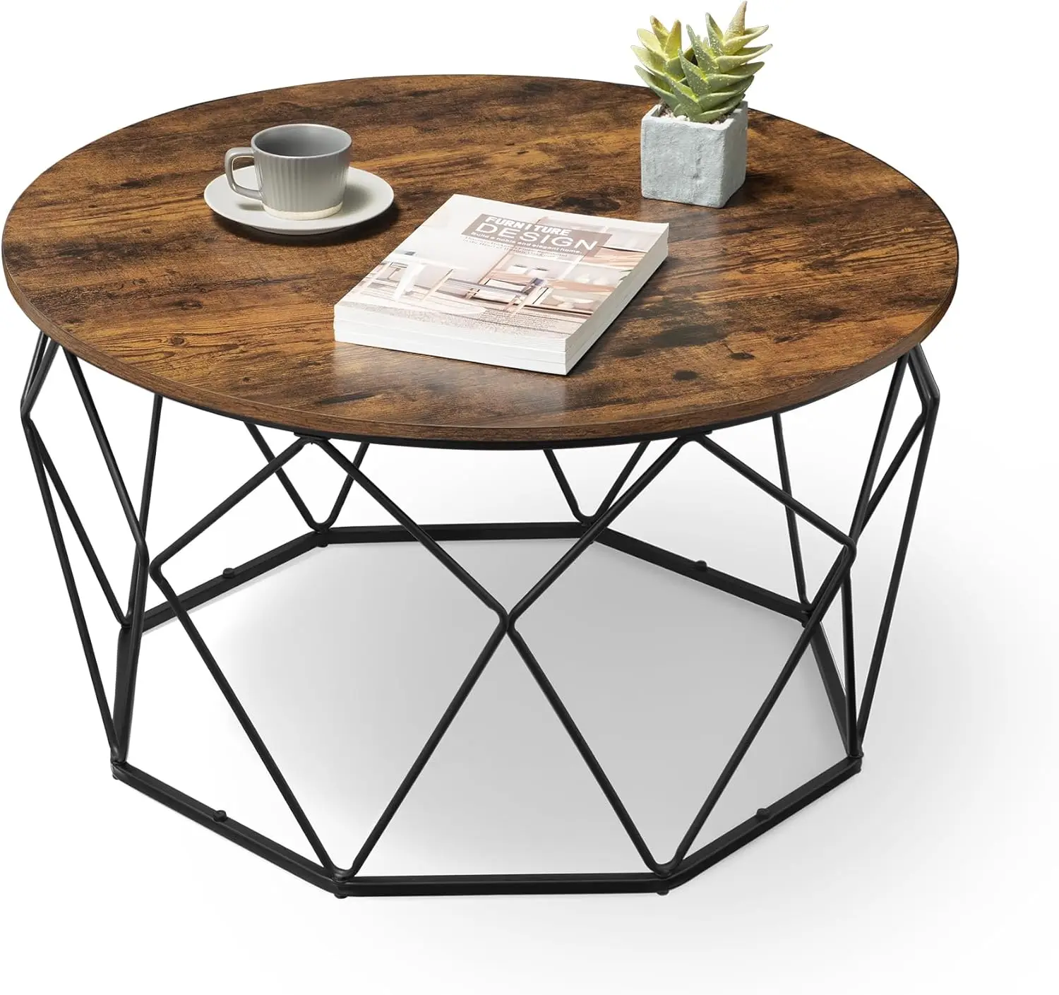 

Round Coffee Table for Living Room Cage Cocktail Table with Steel Frame 31.5 Inches Dia Industrial Style Rustic Brown and Black