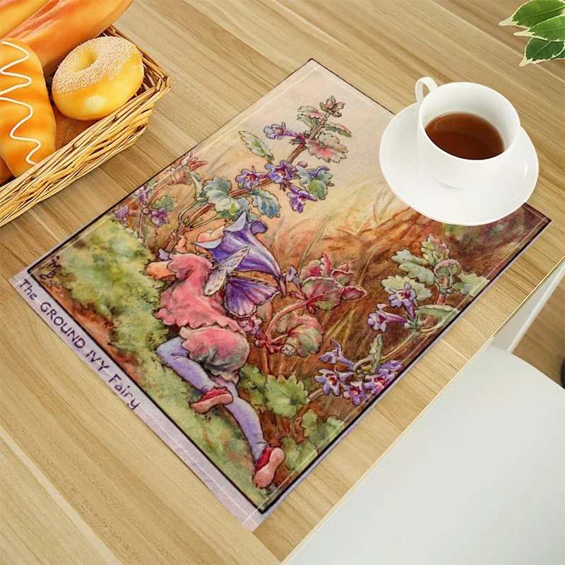 The Fairies Of The Wayside Print Linen Dining Table Mats Alphabet Kitchen Placemat 30X40cm Coasters Pads Bowl Cup Mat