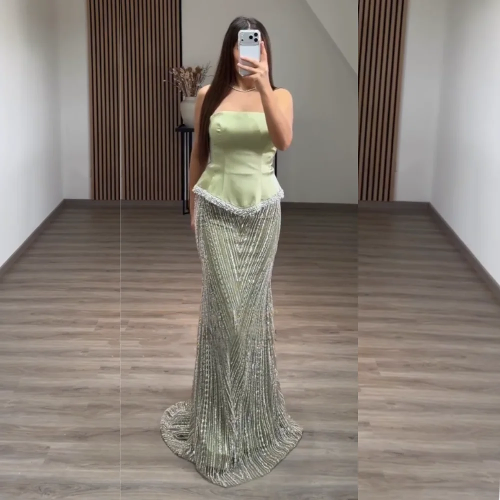 

Индивидуальное вечернее платье русалки без бретелек Charmeuse с блестками и бисером на заказ, изысканное вечернее платье высокого качества