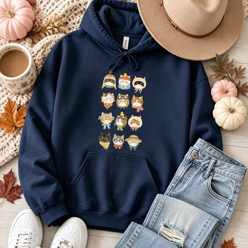 Cute Multi Kitty Character Collage Pullover Funny Cats Wearing Hats Scarf Goggles Pet Lover Cartoon Print Casual Warm Cozy Tops