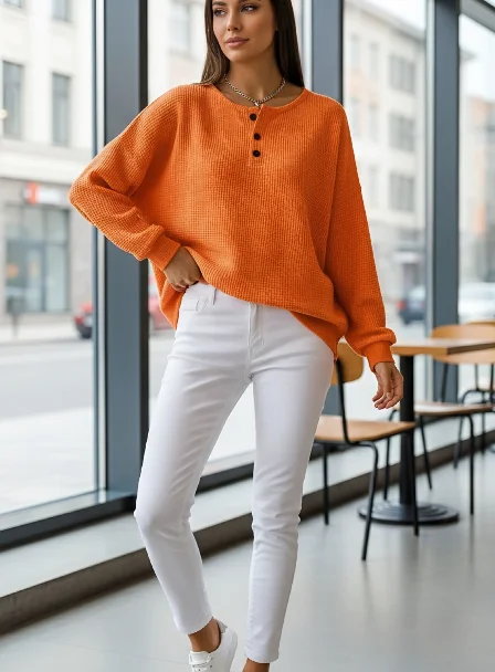 Fashion Women Long Sleeve Shirt O Neck Button Design Solid Loose Sweatshirt Women Pullover Tops T-Shirts Waffle Textured Blouse