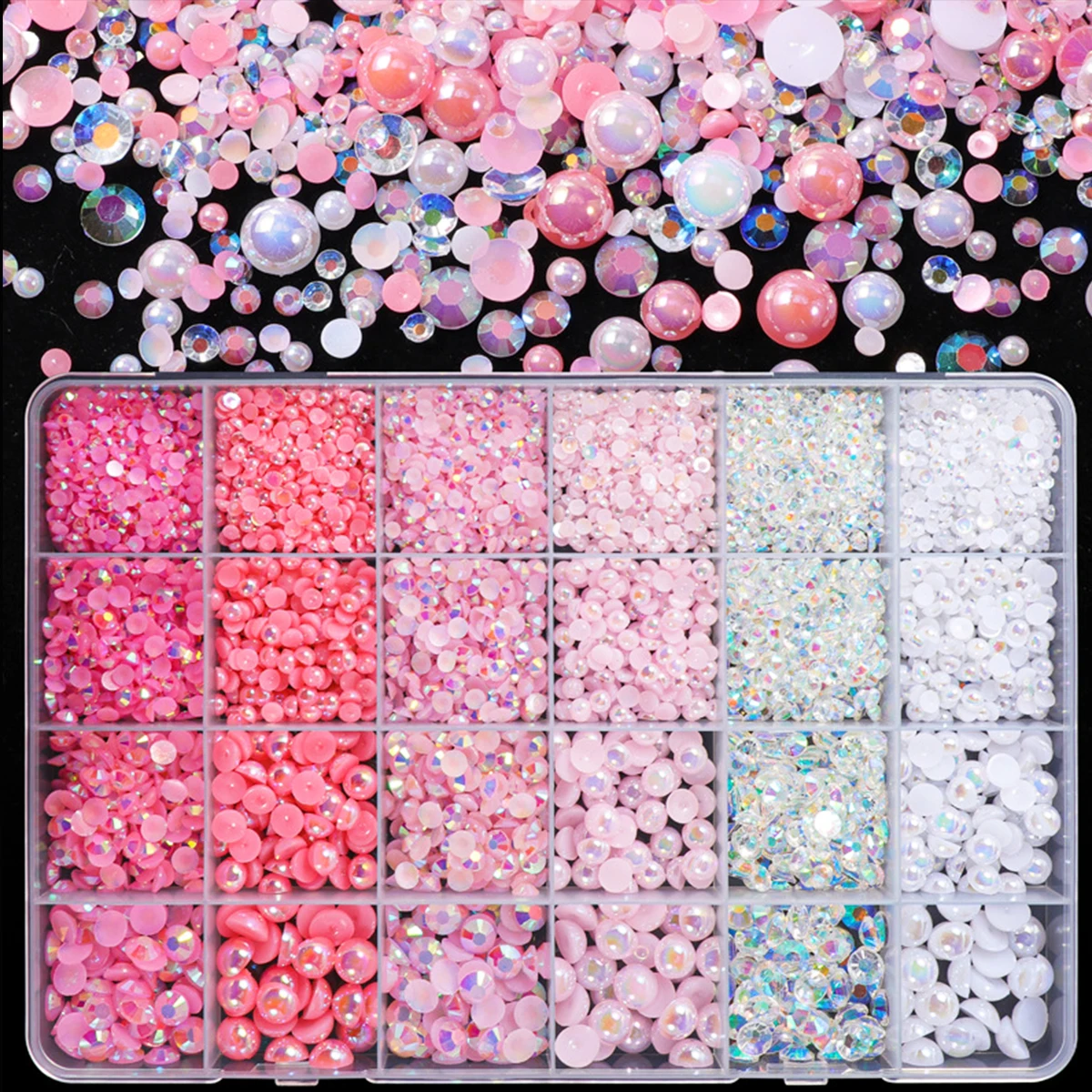 

24 Grids Nail Art Jewelry Set Semi-Circular Pearls And Resin Diamonds Flat Shiny Multi-Color Mixed for Nail Decorations