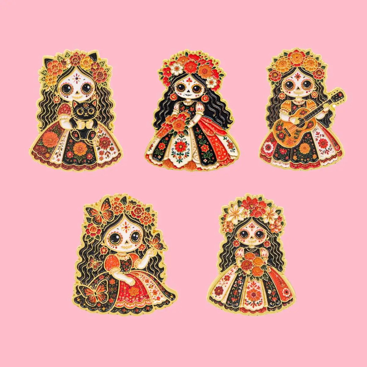 Day of The Dead Cute Skull Girl Brooch Metal Enamel Pins Set Badge on Backpack Clothing Accessories Jewelry Gift for Friend