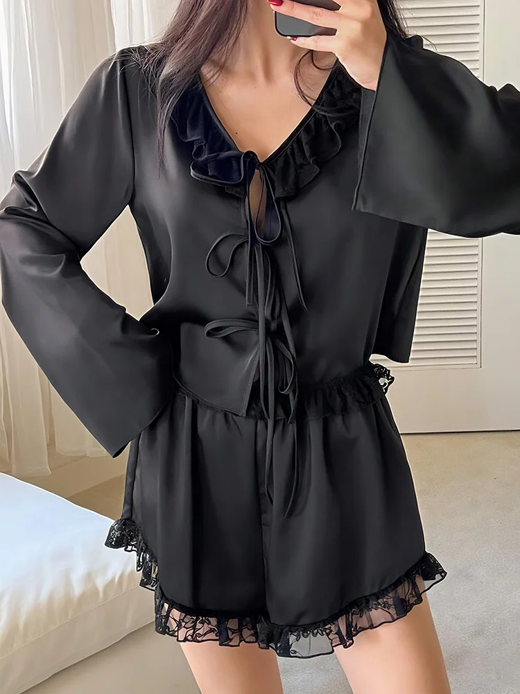 

HiLoc Home Black Lace Satin Shorts Suits Pajamas Woman Sexy V Neck Ruffles Blouse And High Waist Shorts 2 Piece 2025 Casual Sets