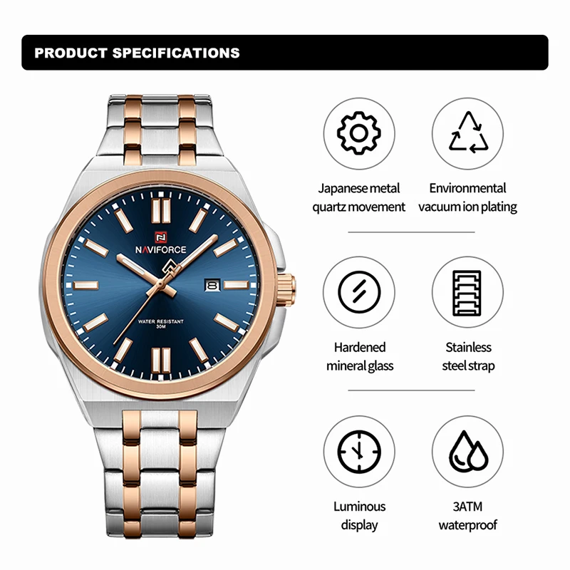 NAVIFORCE Men Luxury Brand Watch Business Waterproof Quartz Man Wristwatch Stainless Steel Strap Date Display Fashion Male Clock