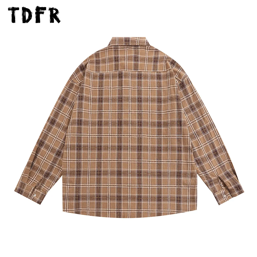 Letter Embroidery Plaid Shirts Mens Autumn Casual Loose Single Breasted Long Sleeve Lapel Shirts Men