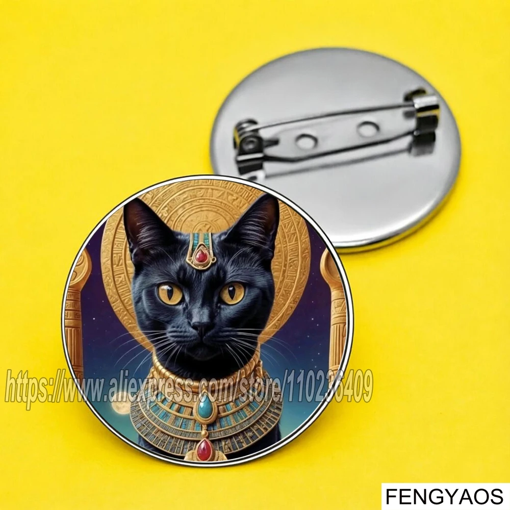 Stainless Steel Bastet Black Cat Round Brooch Ancient Egyptian Hieroglyph Lapel Pin Vintage Gothic Badge Jewelry Gift