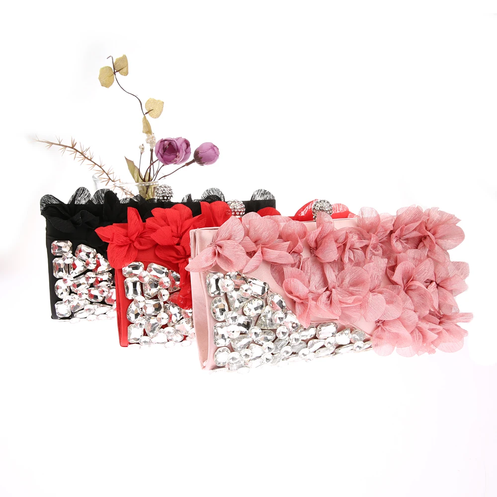 Elegant Women Crystal Bling Diamond Day Clutches Pink Flower Party Bridal Wedding Handbags and Purses Banquet Chain Evening Bags