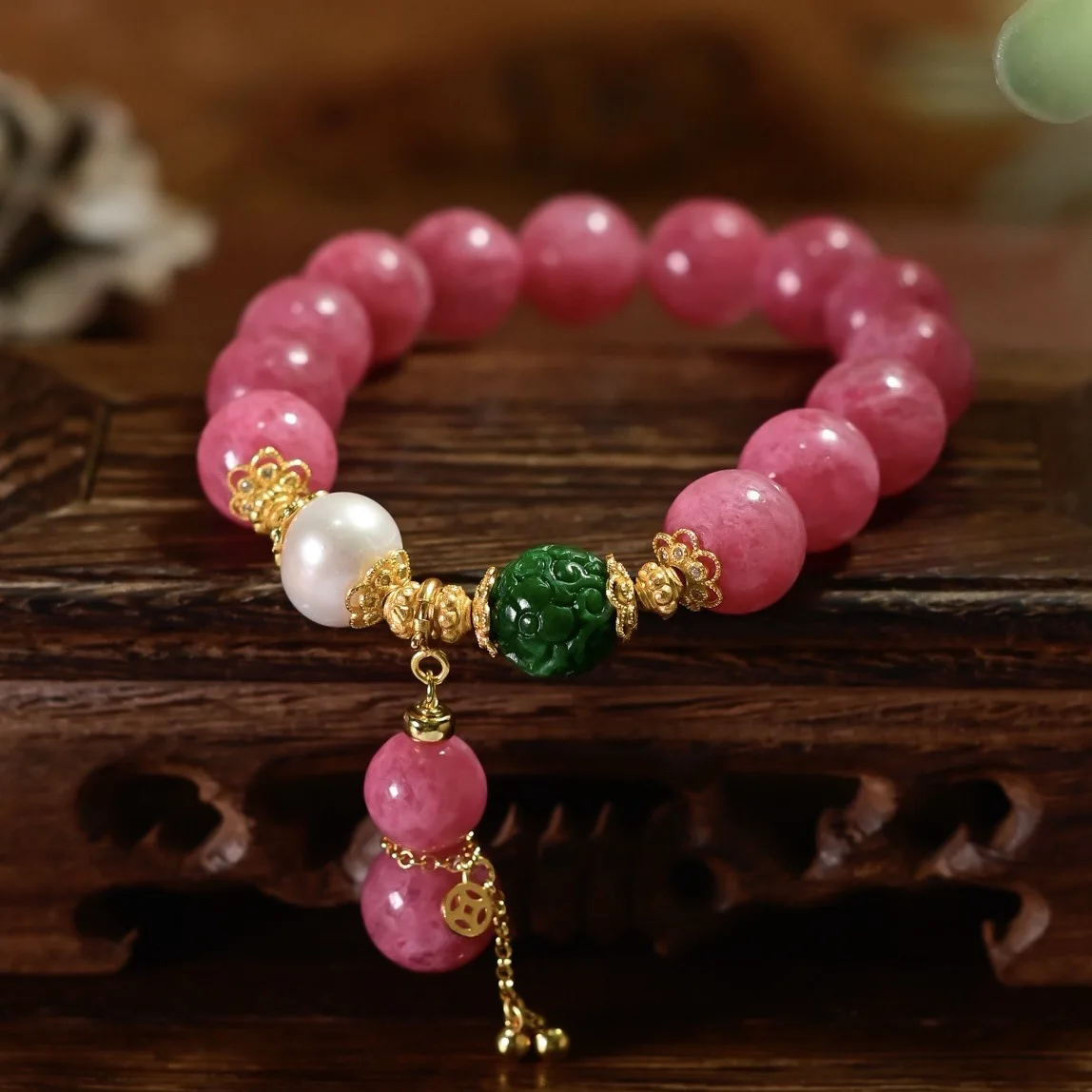 Natural Rhodonite Bracelet, Spicy Dry Green A-Jadeite Freshwater Pearl Gilded S925 Silver Women Wrist Jewelry