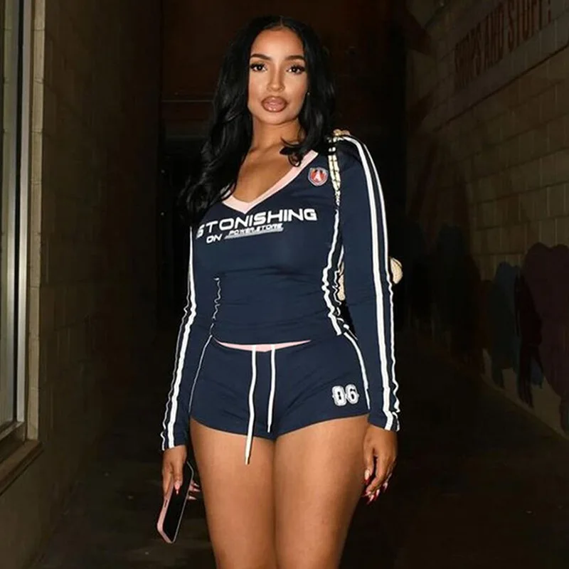 

Casual Summer 2 Piece Set Letter Print Crew Neck Short Sleeve T-shirts+Drawstring Slim Mini Bottoms Female Tracksuit