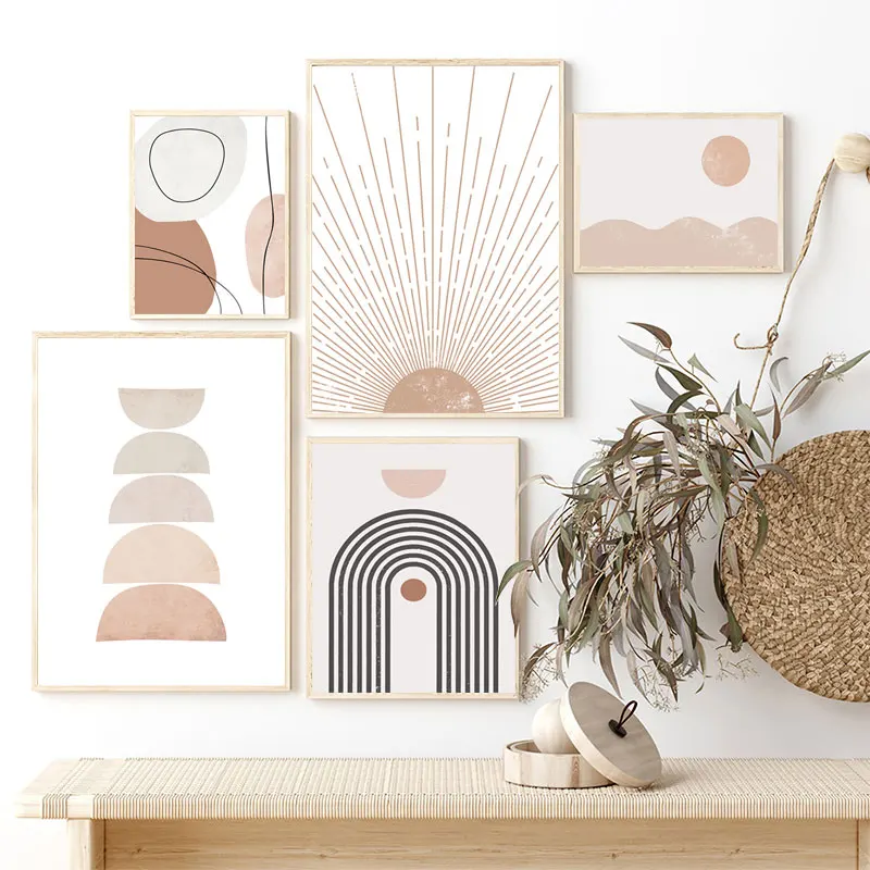 Boho abstracto geométrico sol y arcoíris Beige lienzo arte de pared impresión-sala de estar decoración del hogar estilo bohemio diseño de interiores