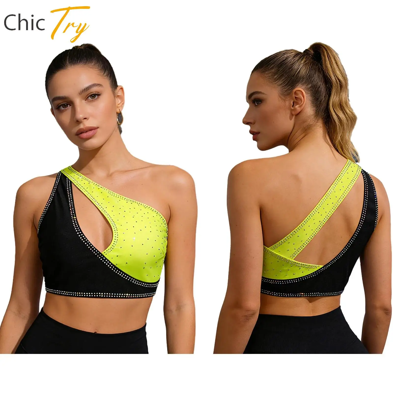 

Gym Tops for Womens Shiny Rhinestone Yoga Workout Running Costume One Shoulder Keyhole Sports Bra Casual Crop Top Sportswear
