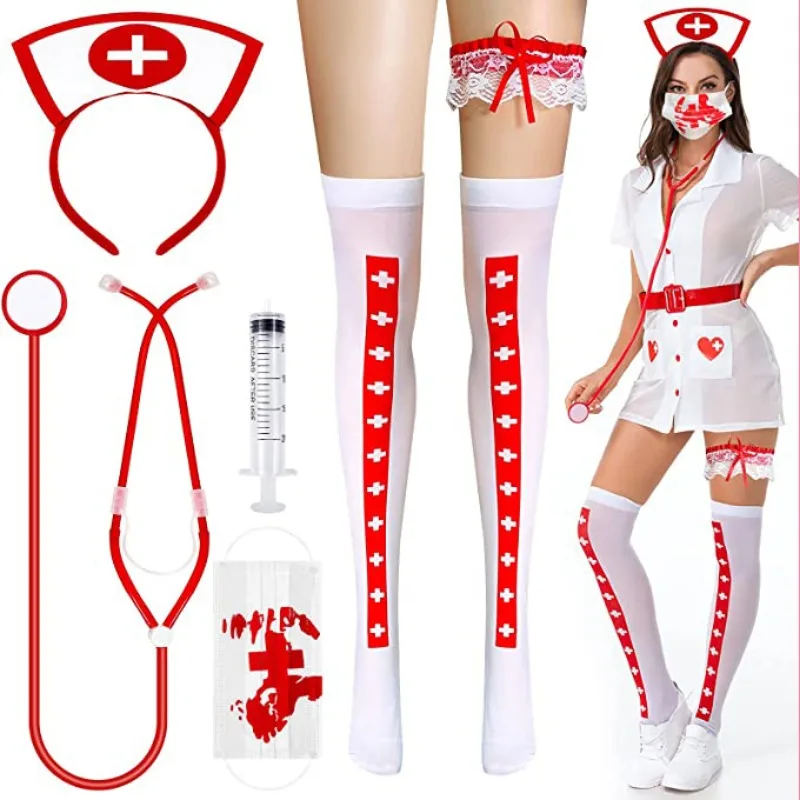 Couvre-chef d'infirmière d'halloween avec faux stylo stéthoscope, couvre-chef d'infirmière sexy, bandeau en dentelle rouge, costume de cosplay mignon, maquillage d'anniversaire