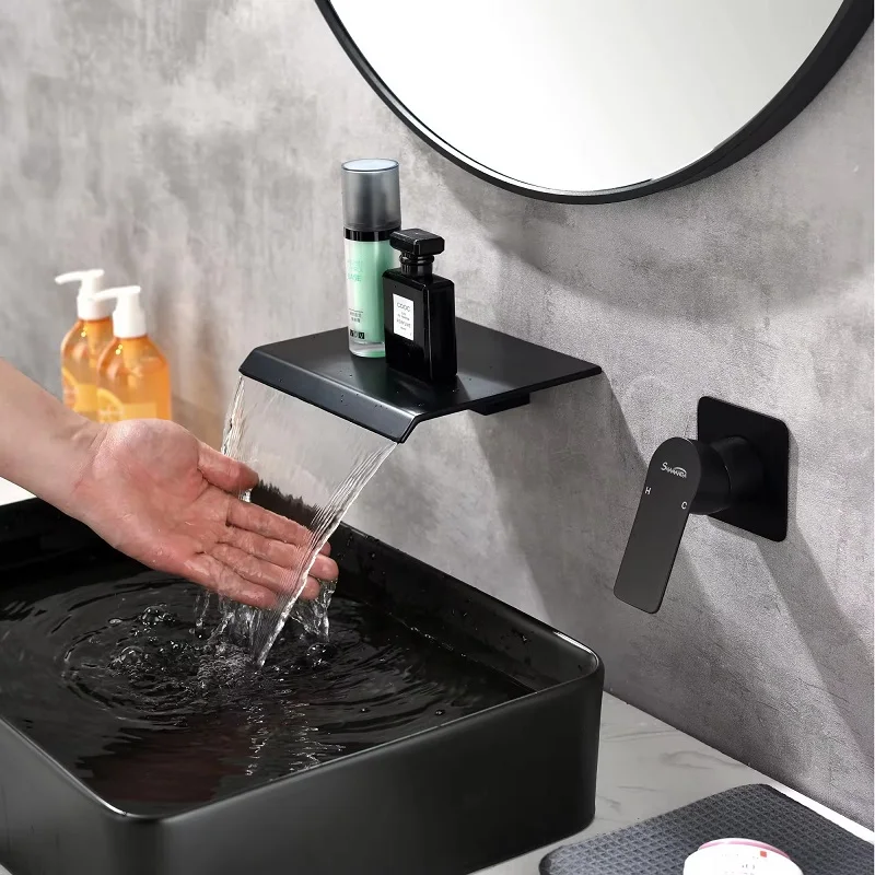 Luxury Hot cold water Lavabo Tap Wash basin faucet wall mounted single lever 2 holes waterfall bathroom sink faucet,matte black