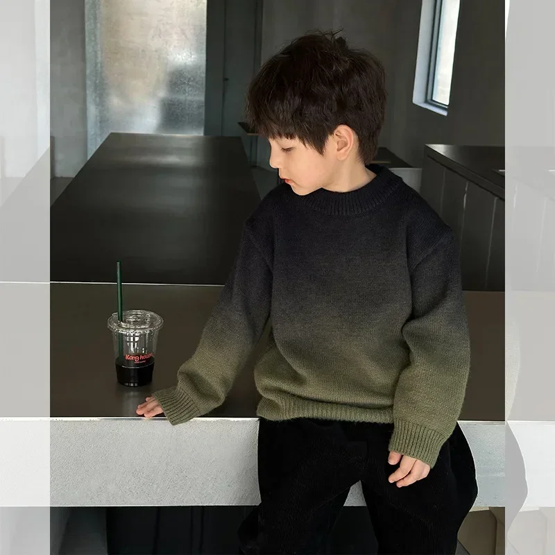 Children Clothes Kids Casual Sweater 2024 Winter Boy Handsome Thickened Cashmere Gradient Color Korean Style Warm Sweater