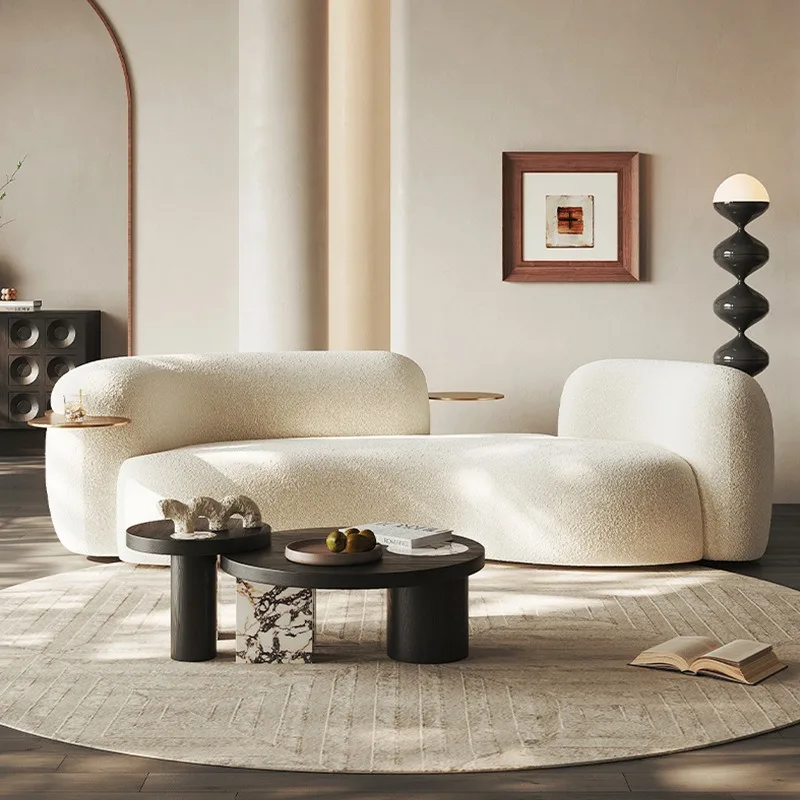 

Italian minimalist curved sofa designer beauty salon special-shaped cashew nut fabric sofa lamb wool cream wabi sandy wind