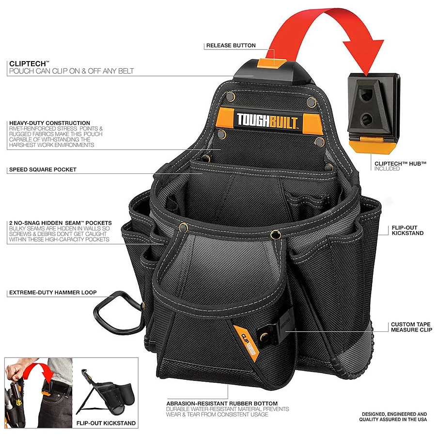 ToughBuilt TB-CT-01 Multi-Pocket Organizer Tool Pouch with ClipTech 23 Pockets and Loops Heavy Duty Belt Tool Pouch