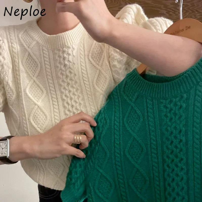 Neploe Retro Temperament Crewneck Sweaters Women Hemp Pattern Short Puff Sleeve Knit Crop Top Woman 2024 New Knitwear Pullover