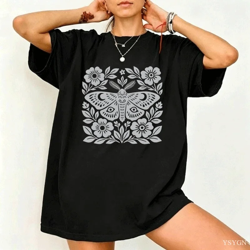 Boho Cottagecore T Shirts Moth Block Print Tshirts Casual Round Neck Printed T-shirt Cotton Short Sleeve Tees Streetwear