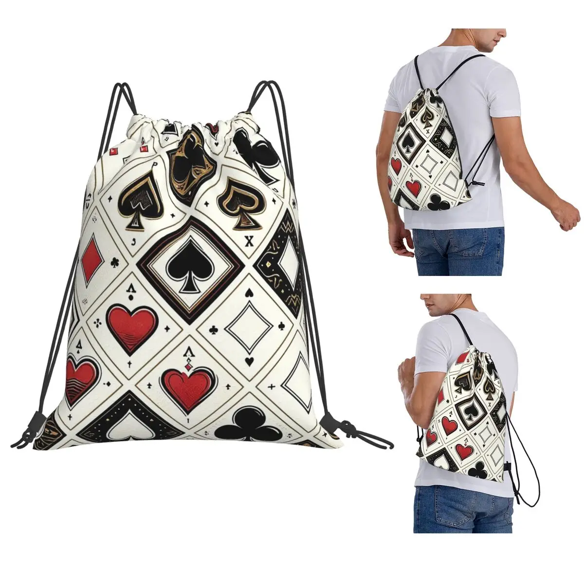 Casino Playing Card Symbols Diamond Heart Spade Clubs Backpacks Multi-function Drawstring Bundle Pocket Storage Bag Book Bags