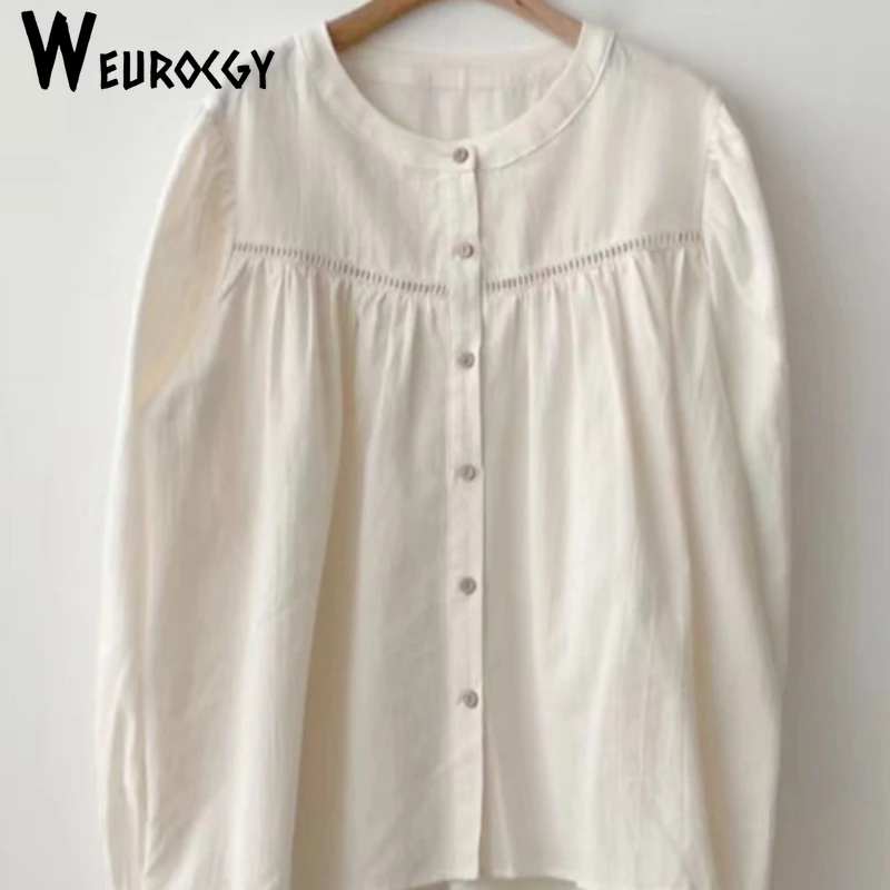 2024 Spring Autumn Vintage Chic Blouse Women O-neck Puff Sleeve Loose Shirts Temperament Hollow Out Top Korean Edition Pleated