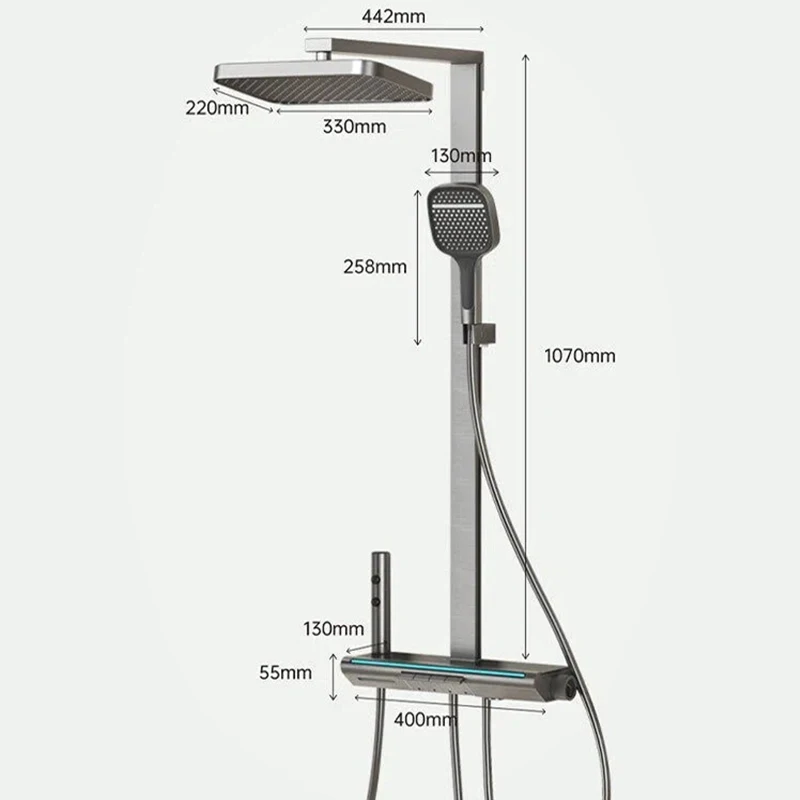 Gray Intelligent Square Tube Shower System Set Multifunctional Digital Display Piano Keys Household Temperature Shower Set