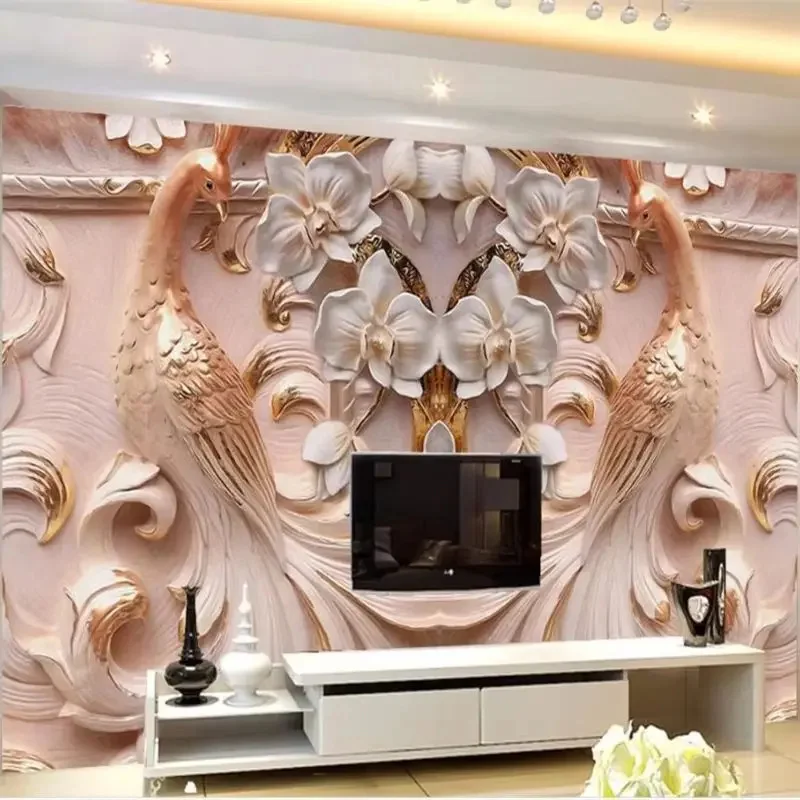 

Custom wallpaper 3d mural high-end flowers embossed TV background wall Peacock Relief living room bedroom wallpapers home decor