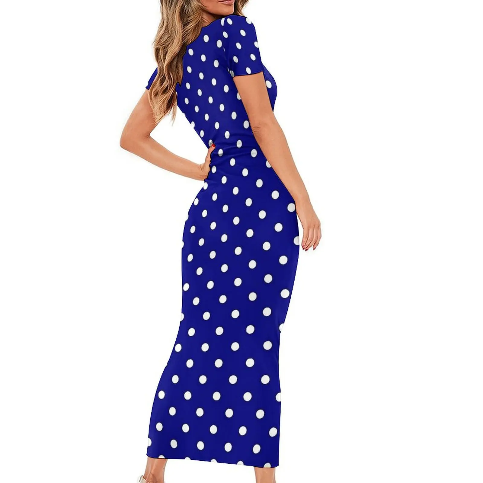 Blue Polka Dots Bodycon Dress Woman Vintage Print Night Club Maxi Dresses Summer Short Sleeve Street Wear Design Oversized Dress