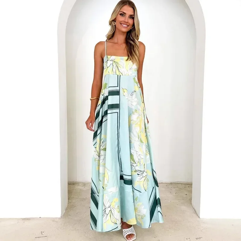 

Summer New Floral Print Backless Suspender Sexy High Waisted A-line Dress, Women's European and American Style Long Dress 2025