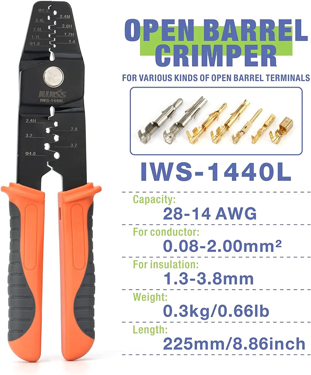 IWISS IWS-1440L IWS-1442L Open Barrel Terminals Crimper for Various-sized Contacts AWG 28-14 works on JST,Molex/TE/HRS