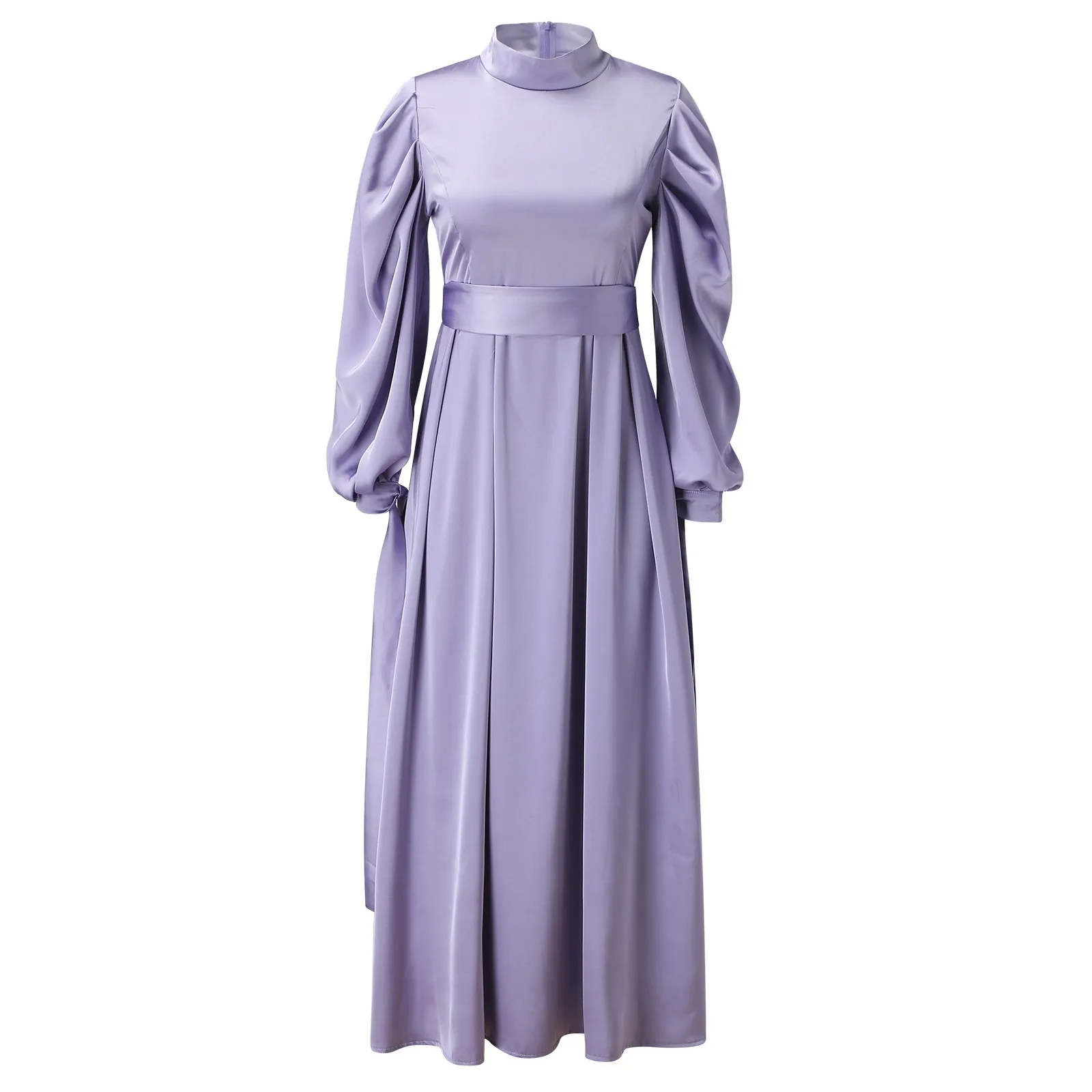 Vestido de cetim islâmico feminino, moda muçulmana, hijab, abaya plissada árabe, manga balão de Dubai com fita, Eid Mubarak, vestidos turcos