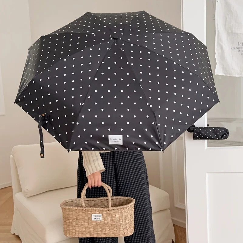 Stylish Round Dot Umbrella with U-Shaped Handle Compact Folding Umbrella for Women Sun 8-Rib Manual Open/Close Compact Travel