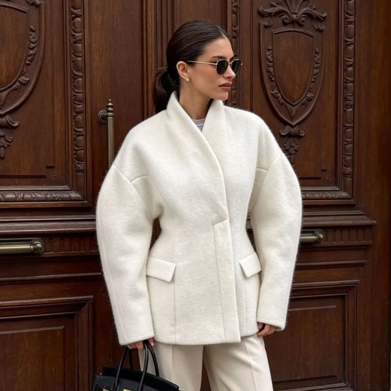 Women V Neck Woolen Coat Puff Batwing Sleeve Waist Slim Fit Short Elegant Lady Winter Warm Outerwear Fashion Office Jacket