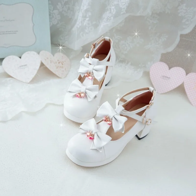 Women Sweet Lolita Style Round Toe Mid Heel Pumps Bow Decor Student Daily Dress Shoes