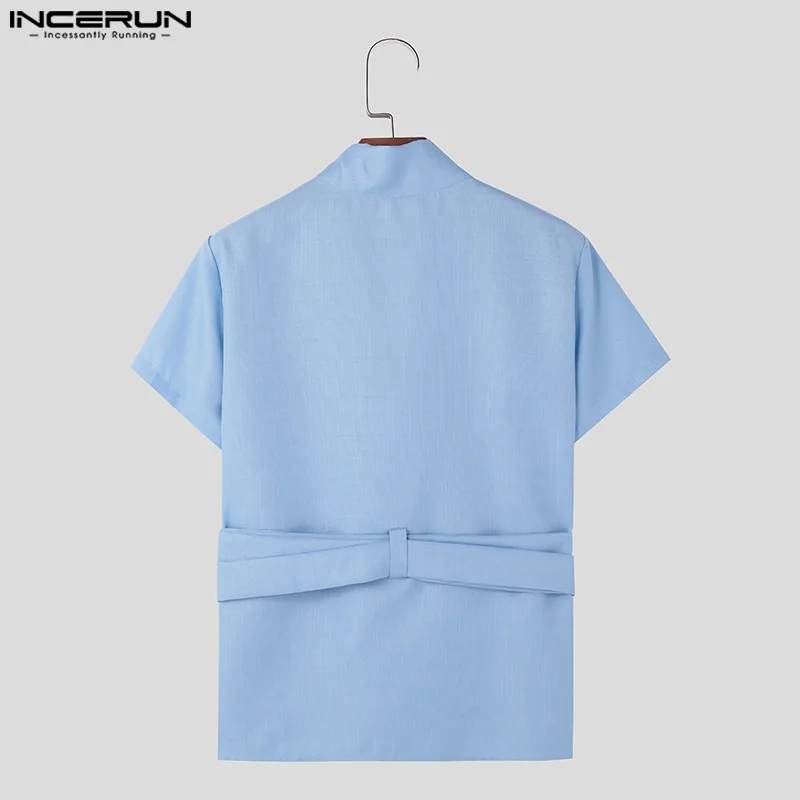 INCERUN Men T Shirt Solid Color V Neck Short Sleeve Summer Casual Male Tee Tops Streetwear 2024 Lace Up Fashion Men Clothing