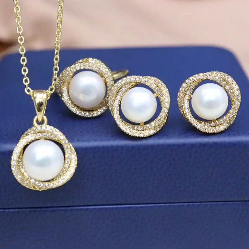 

Gorgeous AAAA 8-9mm South Sea White+Yellow Earstuds Pearl Pendant Earring Set 925s.