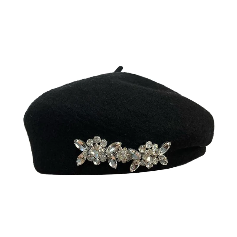 Women's Autumn Winter Luxury Rhinestone Chain New Wool Artist Hat Korean Irregular Beret Hat