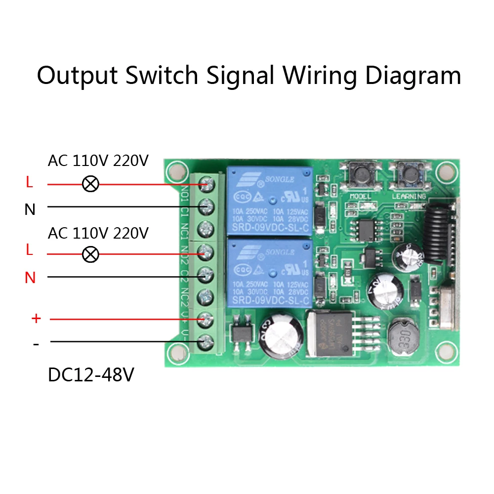 RK02E DC 12V-48V 433Mhz RF Wireless Remote Control Switch Relay 2CH Multifunction Receiver Module Garage Curtain Motor Light