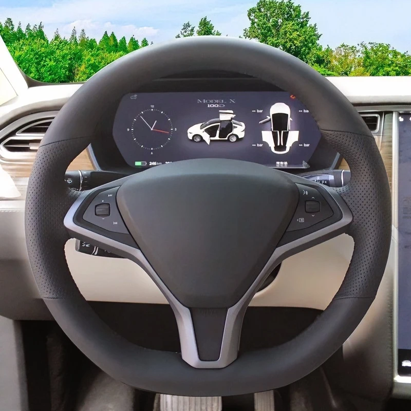 For Tesla Model X Custom Fit Full‑Wrap Hand‑Sewn Non‑slip Car Steering Wheel Cover Steering Wheel Protector