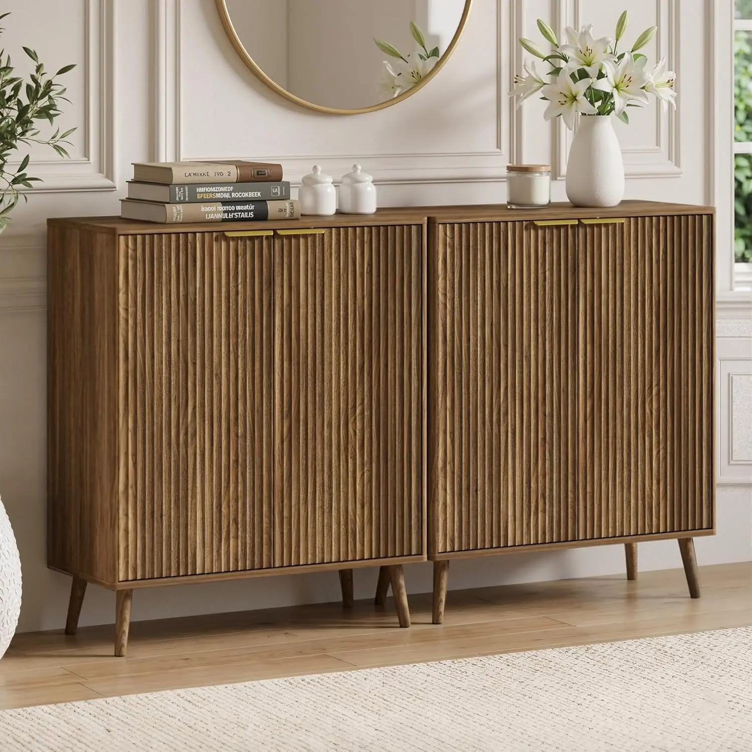 Customized Oak Fluted 5-Tier Entryway Shoe Cabinet with Adjus  Shelves Large Freestanding Storage for Entryway
