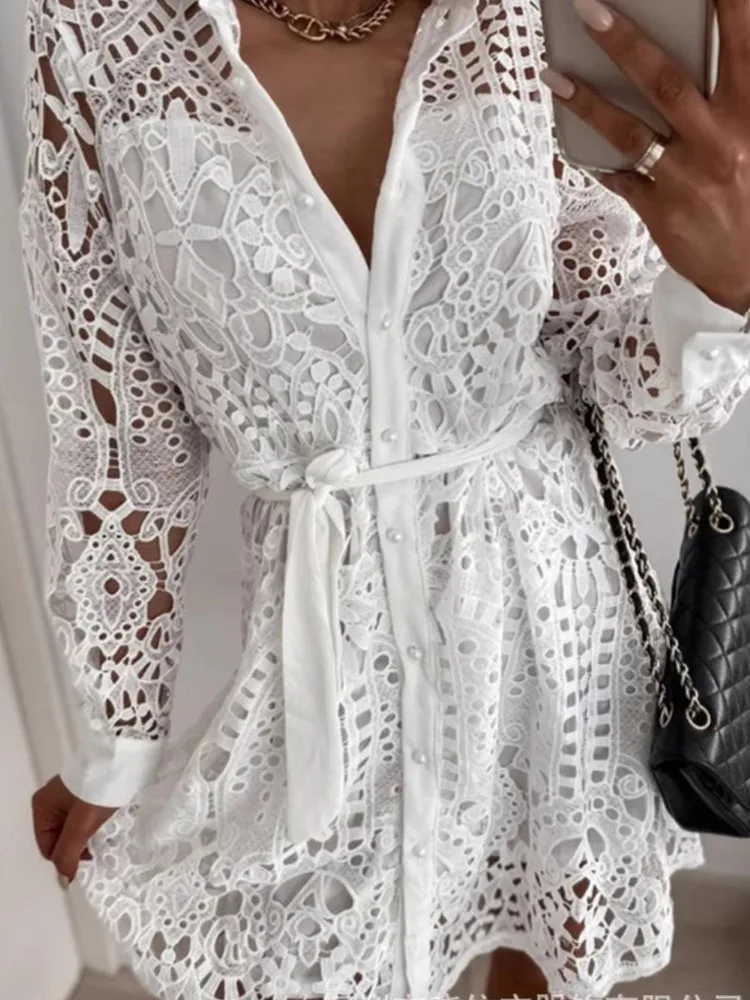 Damska Sukienka Koszulowa z Koronką, Modna, Jednolita, Długi Rękaw, Zapinana na Szydełka, Kwiatowa, Ażurowa, Sznurowana, Elegancka Odzież Biurowa dla Kobiet, Nowa