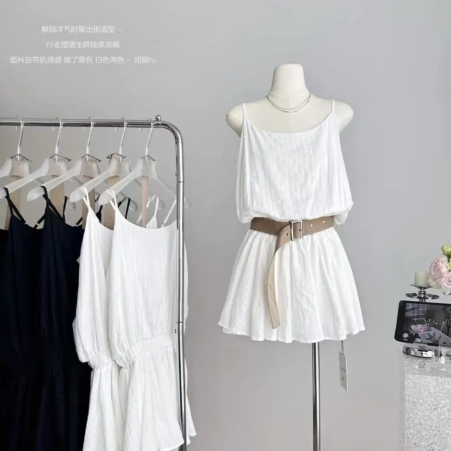 Korean Style Summer Vintage Mori Girl Mini Solid Color Dress With Belt 2000s Women Frock Evening Dress