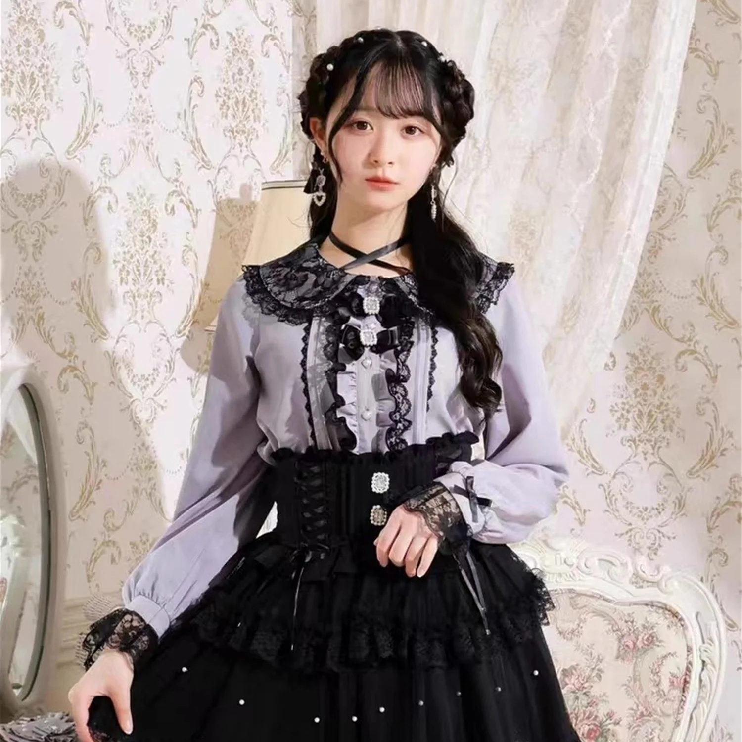 

Sweet Sle Long Sve irt K62 New Rice Noodle Lace Knot Design Polyester Fiber Cool Sensation Daily Wear for Women