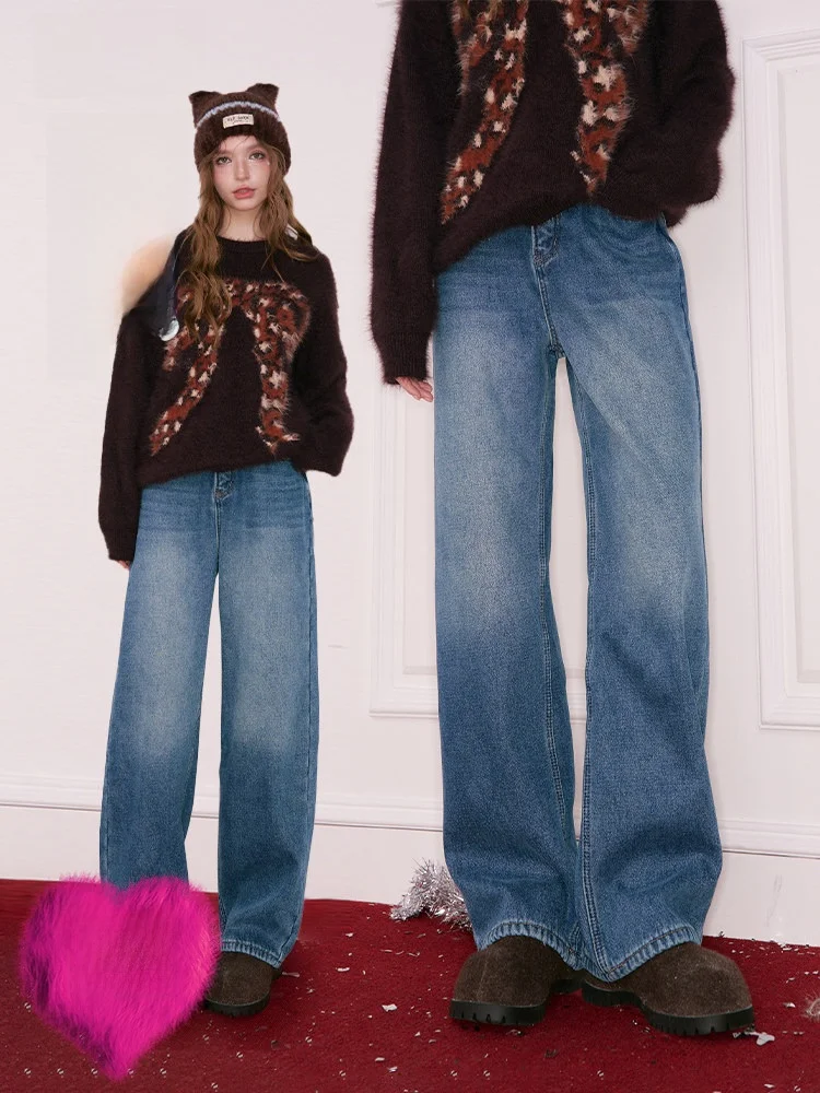 

Прямые джинсы с высокой талией на подкладке, универсальные утягивающие джинсовые брюки для гостей, женские повседневные широкие джинсы со стойкой