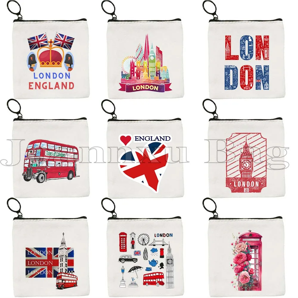

London England Skyline United Kingdom Bus Big Ben Trip Travel Tourist Canvas Coin Purse Key Case Small Bag Wallet Zipper Pouch