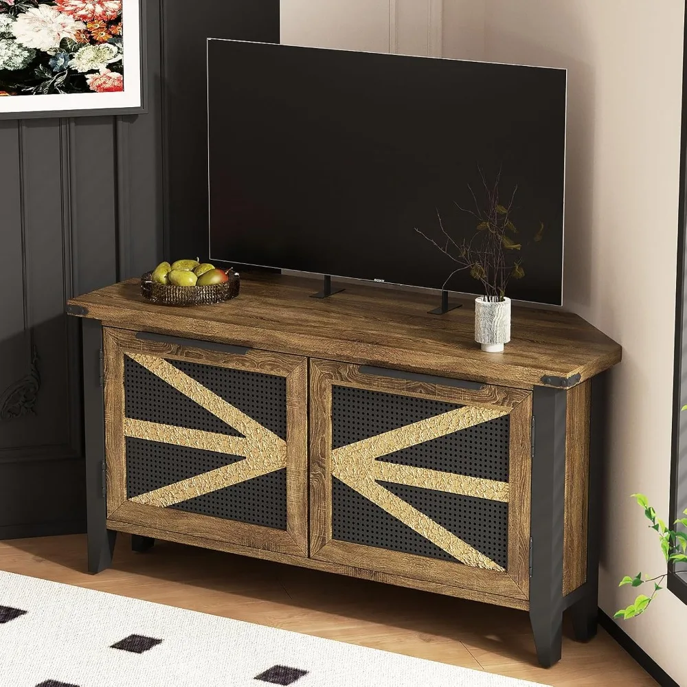 Farmhouse Corner TV Stand for 50 Inch TV, Rustic Entertainment Center with Storage, Space-Saving Media Console Table