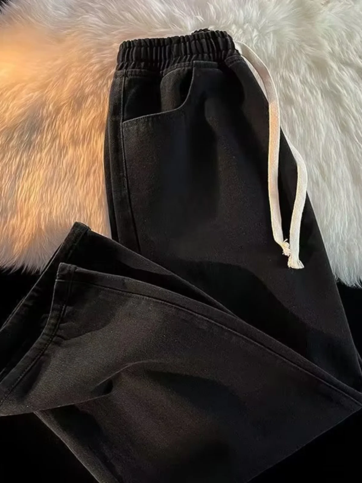 남성용 캐주얼 스트레이트 레그 진, 끈이 있는 신축성 있는 허리, 건설 작업용 내구성 있는 와이드 레그 작업복 바지