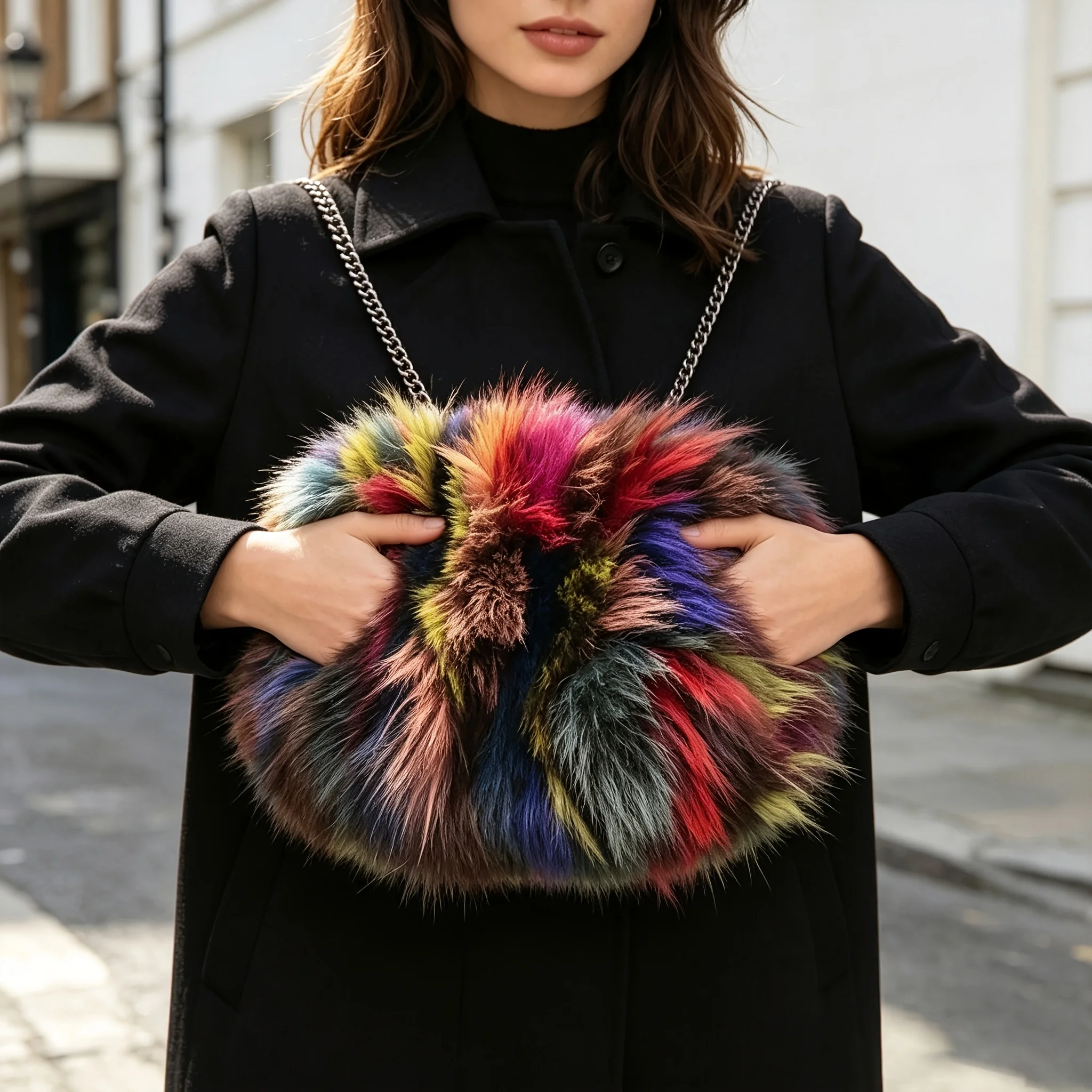 Real Fox Fur Hand Muff Bag for Women, Winter Hand Warmer, Pocket Handbag with Chain